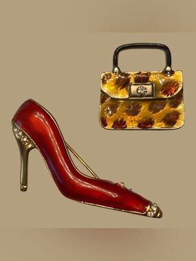 Vintage Red Enamel High Heel Brooch & Purse Handbag, Rhinestone Fashion Jewelry